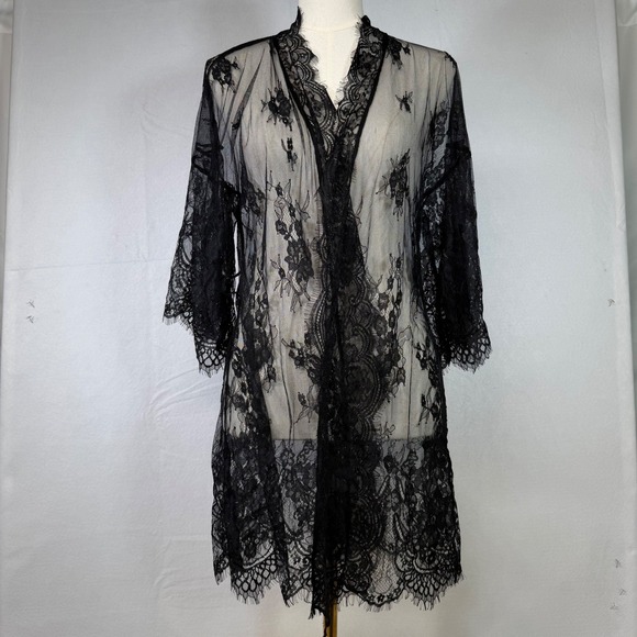 Avidlove Black Lace Sheer Kimono Robe Floral Lingerie Cover Up Small - Picture 1 of 9